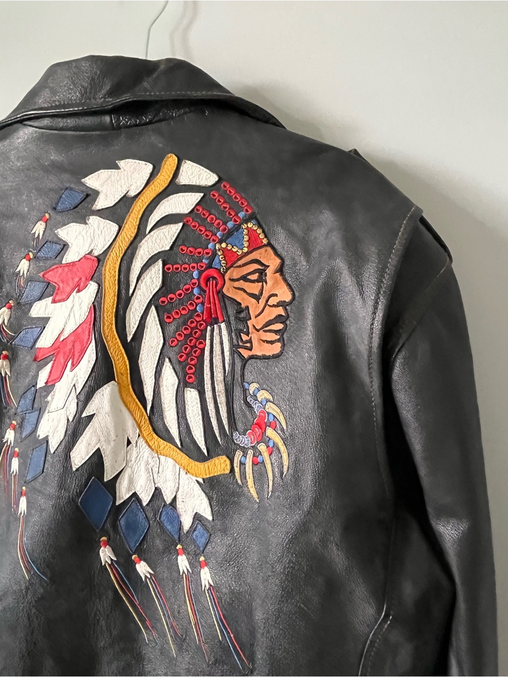 Harley-Davidson Black Leather Jacket with Multicolor Embroidered Headdress